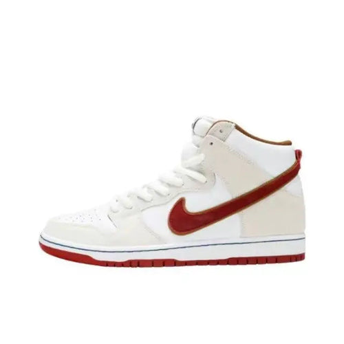 Nike Dunk High high-top sneaker in sail white with red swoosh and rubber sole