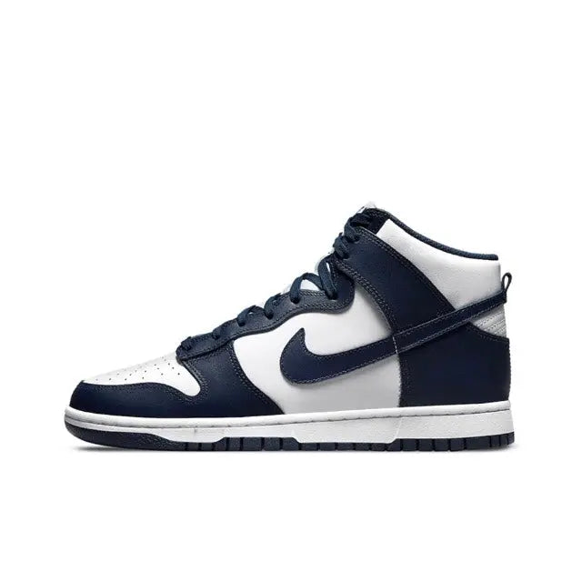 Nike Dunk High high-top sneakers, white and dark navy leather with navy swoosh