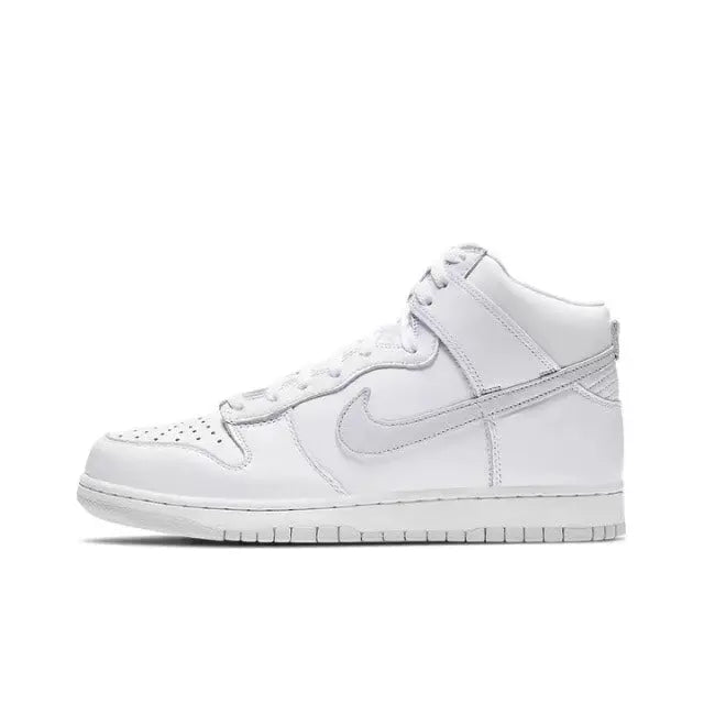 Nike Dunk High high-top sneakers in white with gray Swoosh and lace-up design