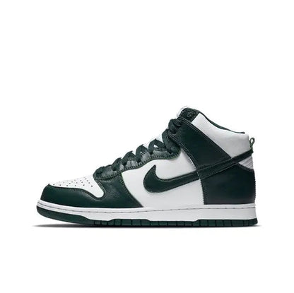 High-top sneakers with white leather panels, dark green overlays, and a Nike swoosh