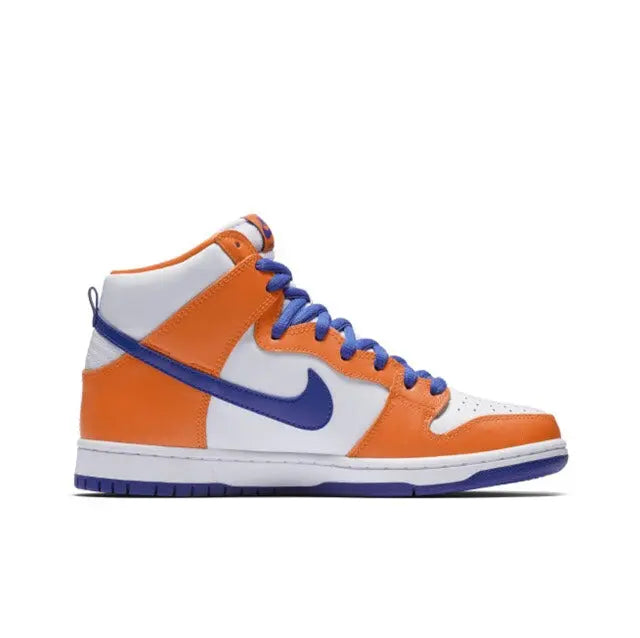 Nike high-top sneaker with orange, white, and blue panels