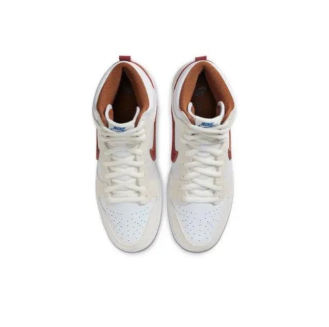 Nike Dunk High high-top sneakers, white uppers with red accents; visible tongue and laces