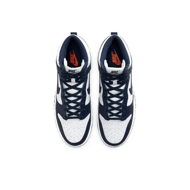 High-top sneakers pair view, white toe and collar with dark navy laces