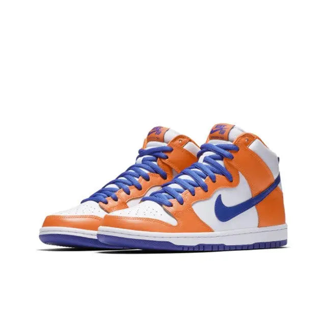 Nike high-top sneaker, side view, orange and white with blue laces