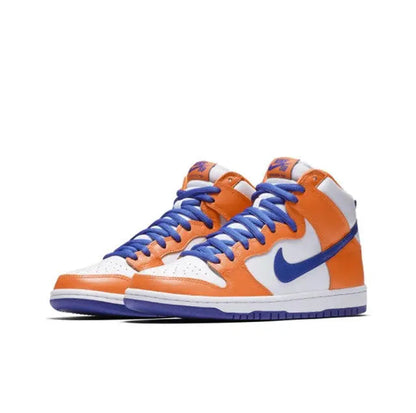 Nike high-top sneaker, side view, orange and white with blue laces