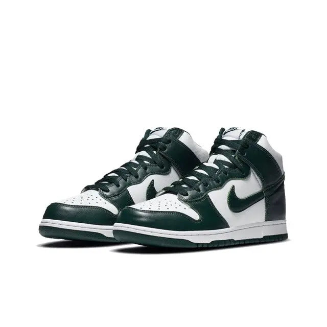 High-top sneakers, dark green and white colorway, with lace-up front and Nike swoosh
