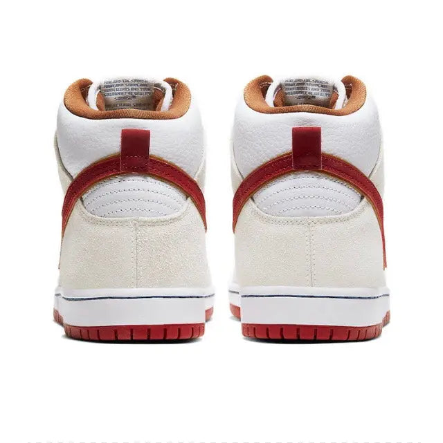 Nike Dunk High high-top sneakers, heel view with red collar panel and white leather