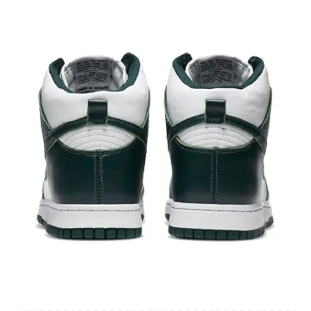 Back view of high-top sneakers in white and dark green with padded heel and heel tab