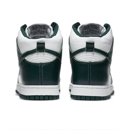 Back view of high-top sneakers in white and dark green with padded heel and heel tab
