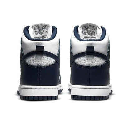 High-top sneakers heel view, dark navy leather with white trim and padded collar