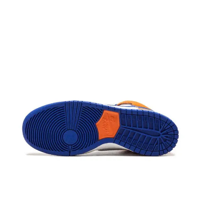 Nike high-top sneaker outsole view with blue tread and orange logo tab