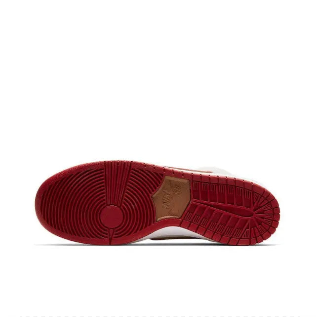 Nike Dunk High outsole, red rubber with tread and circular traction pattern