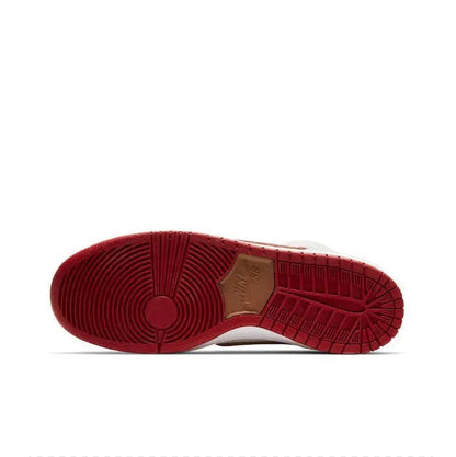 Nike Dunk High outsole, red rubber with tread and circular traction pattern