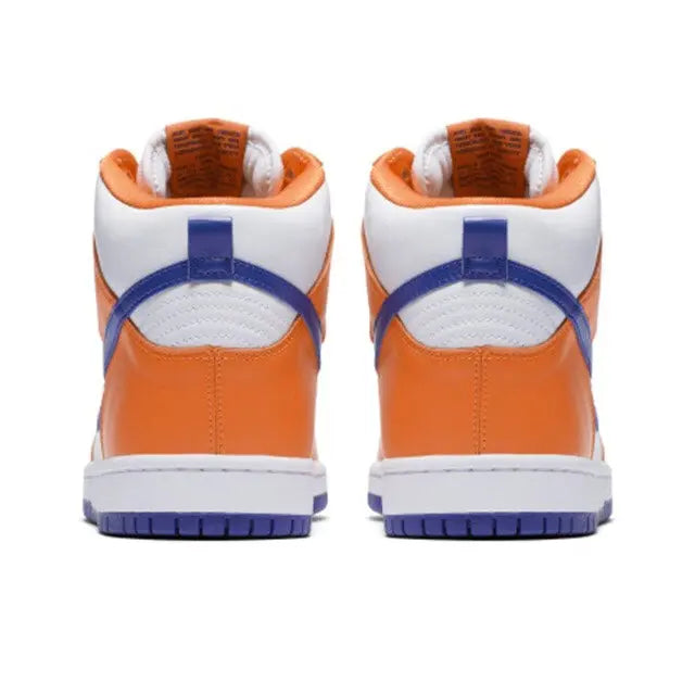 Pair of Nike high-top sneakers from heel, orange toe with blue heel stripe