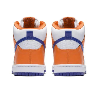 Pair of Nike high-top sneakers from heel, orange toe with blue heel stripe