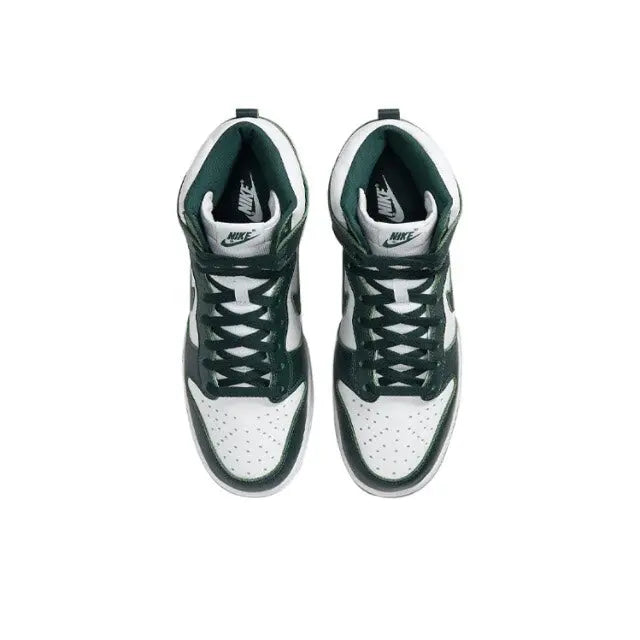 Top view of high-top sneakers showing white laces, dark green collar, and Nike logo