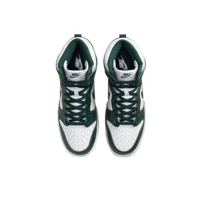 Top view of high-top sneakers showing white laces, dark green collar, and Nike logo
