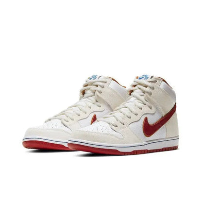 Nike Dunk High high-top sneakers, front view with white leather, red swoosh and blue laces