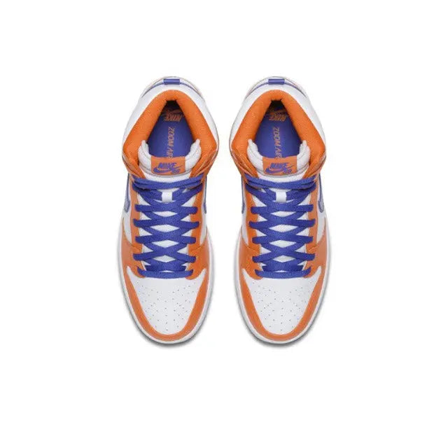 Nike high-top sneakers from top view, orange and white with blue laces