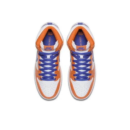 Nike high-top sneakers from top view, orange and white with blue laces