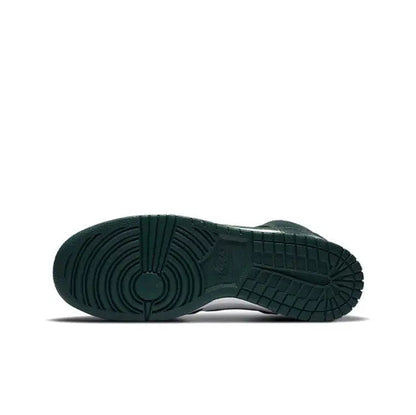 Outsole view of dark green high-top sneakers with textured tread and Nike branding