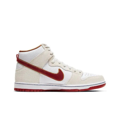 Nike Dunk High high-top sneaker side view, sail white leather with red swoosh and trim