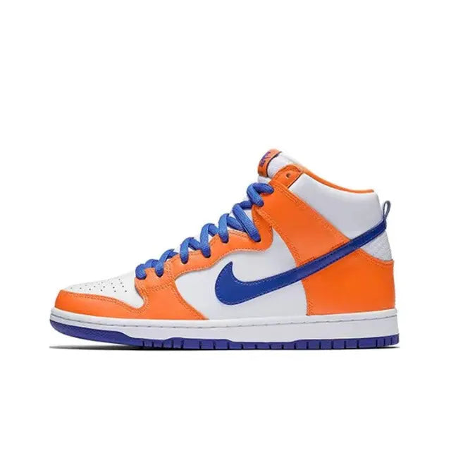 Nike high-top sneaker front quarter view in orange, white, and blue