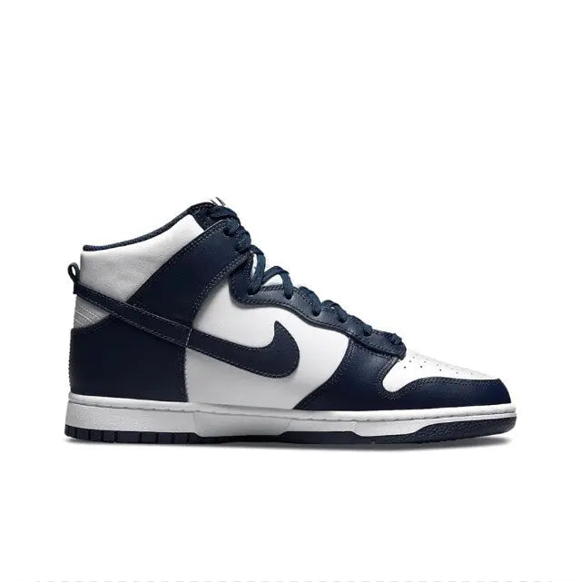 High-top sneakers side profile, white and dark navy leather with lace-up eyelets