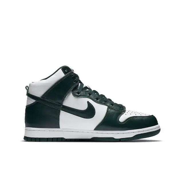 Side profile of high-top sneakers with dark green leather, white panels, and Nike swoosh