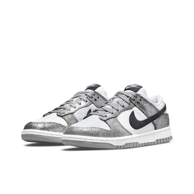 Low-top sneaker in white and silver with black Nike Swoosh, lace-up