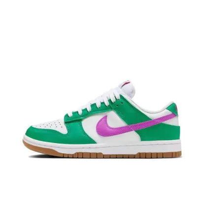 Low-top sneakers in green, white, and purple with gum sole and lace-up design.