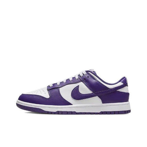 Nike Dunk Low low-top sneaker in white and court purple, side profile with swoosh.