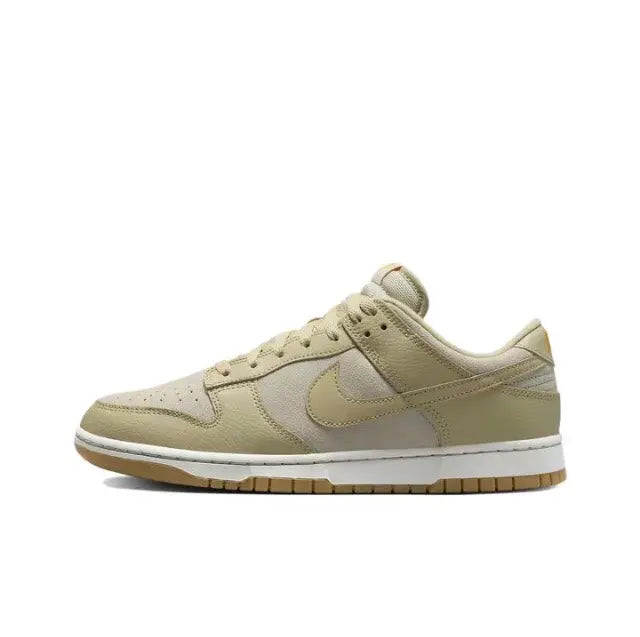 Nike Dunk Low sneakers, light beige leather with tan overlays and gum outsole