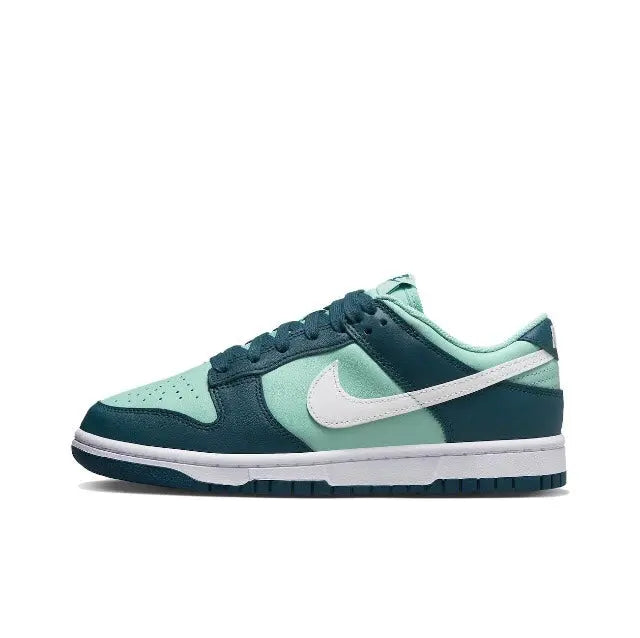 Nike Dunk Low low-top sneaker, teal and dark green with white swoosh