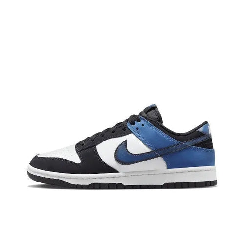 Nike Dunk Low low-top sneaker, blue/white panels with black trim and outsole
