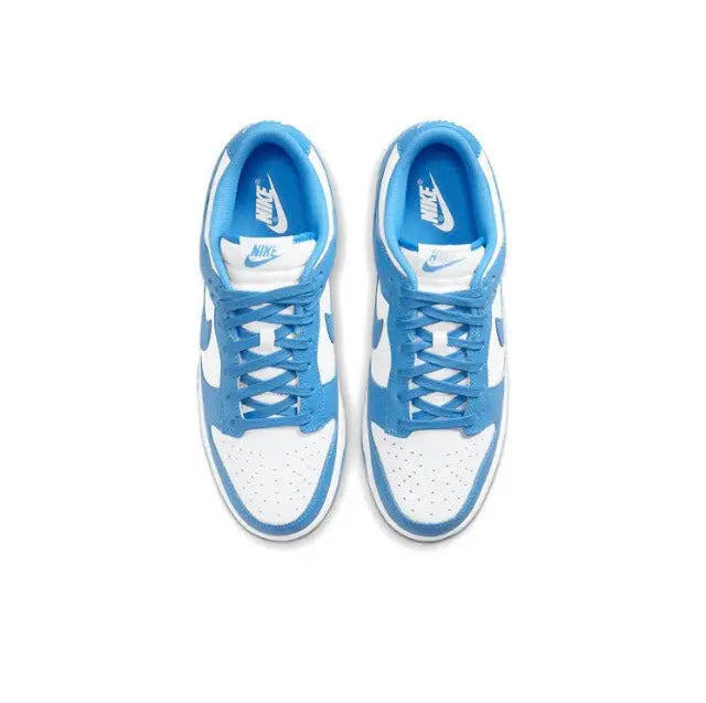 Pair of low-top sneakers with blue tongues, lace-up top, and white Swoosh panel