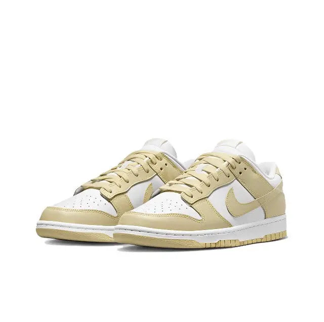 Nike Dunk Low low-top sneaker, white with light gold overlays and woven lace