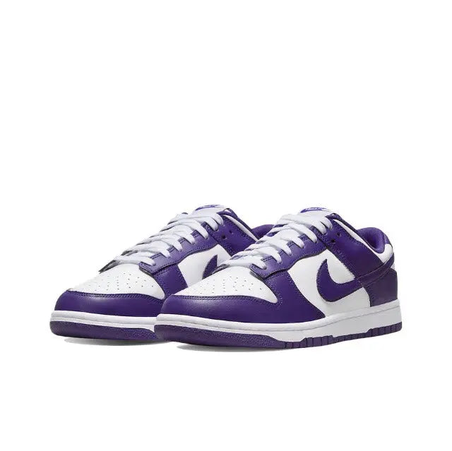 Nike Dunk Low low-top sneaker, white and court purple, angled view with swooshes.