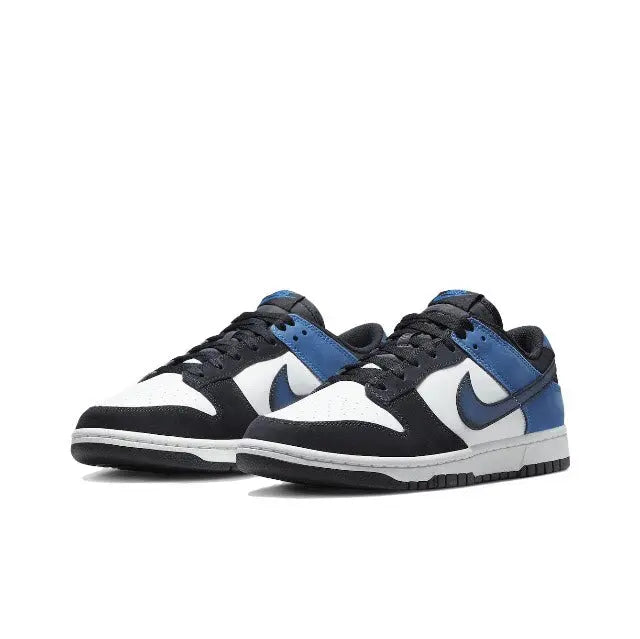 Nike Dunk Low low-top sneakers, side-by-side view with blue, white, and black uppers