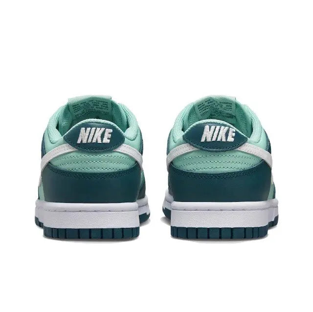 Nike Dunk Low heel view sneaker, NIKE logo on teal collar