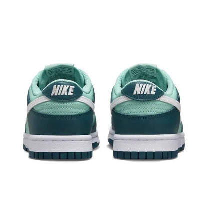 Nike Dunk Low heel view sneaker, NIKE logo on teal collar