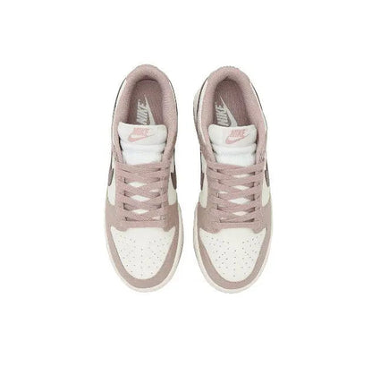 Nike Dunk Low low-top sneakers, front view, mauve laces and lining with off-white toe box