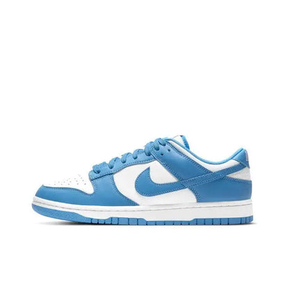 Low-top sneakers with blue overlays, white Swoosh, and white midsole with stripes