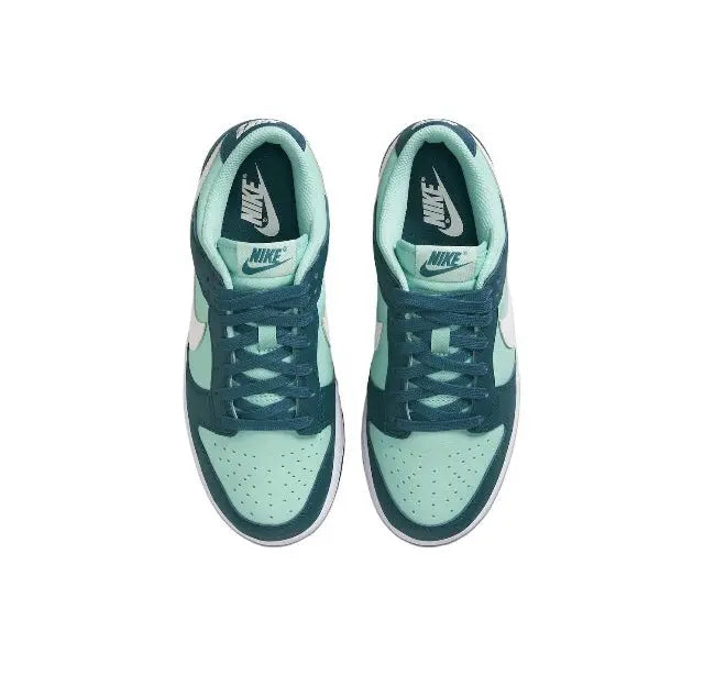Nike Dunk Low top view shoe, teal laces and dark green overlays