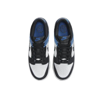 Nike Dunk Low low-top sneakers, top view with black laces, white toe, blue collar