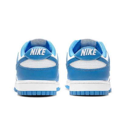 Low-top sneakers showing Nike branding on blue heel and white back panel