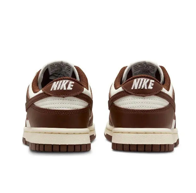 Nike Dunk Low sneakers, heel view, brown panels with white midsoles