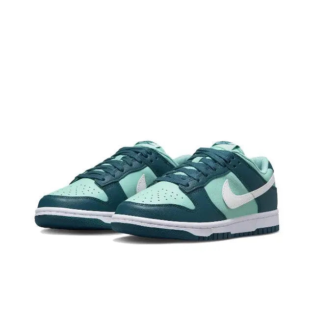 Nike Dunk Low side view pair, teal and dark green with white swoosh