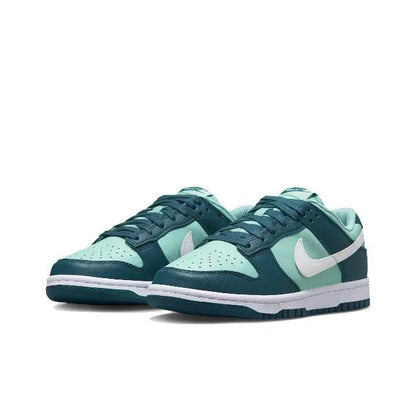 Nike Dunk Low side view pair, teal and dark green with white swoosh