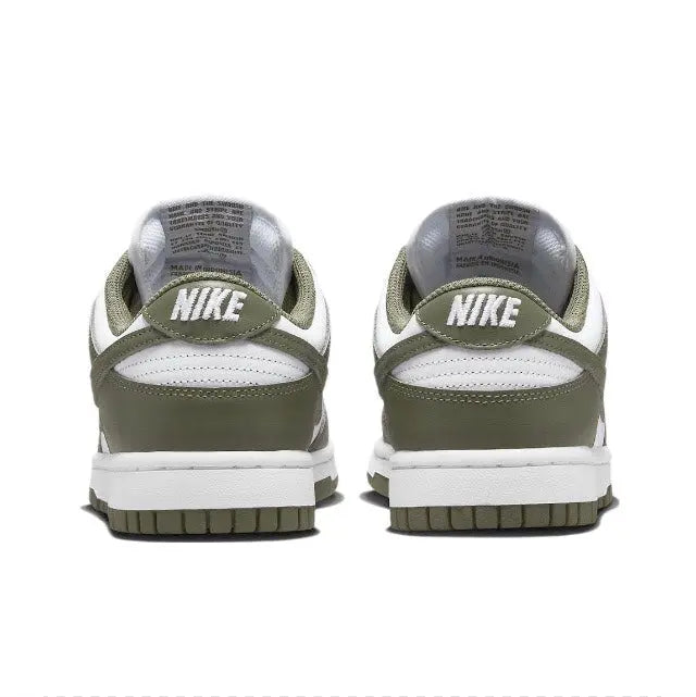 Olive and white low-top sneaker back view with NIKE logo on heel